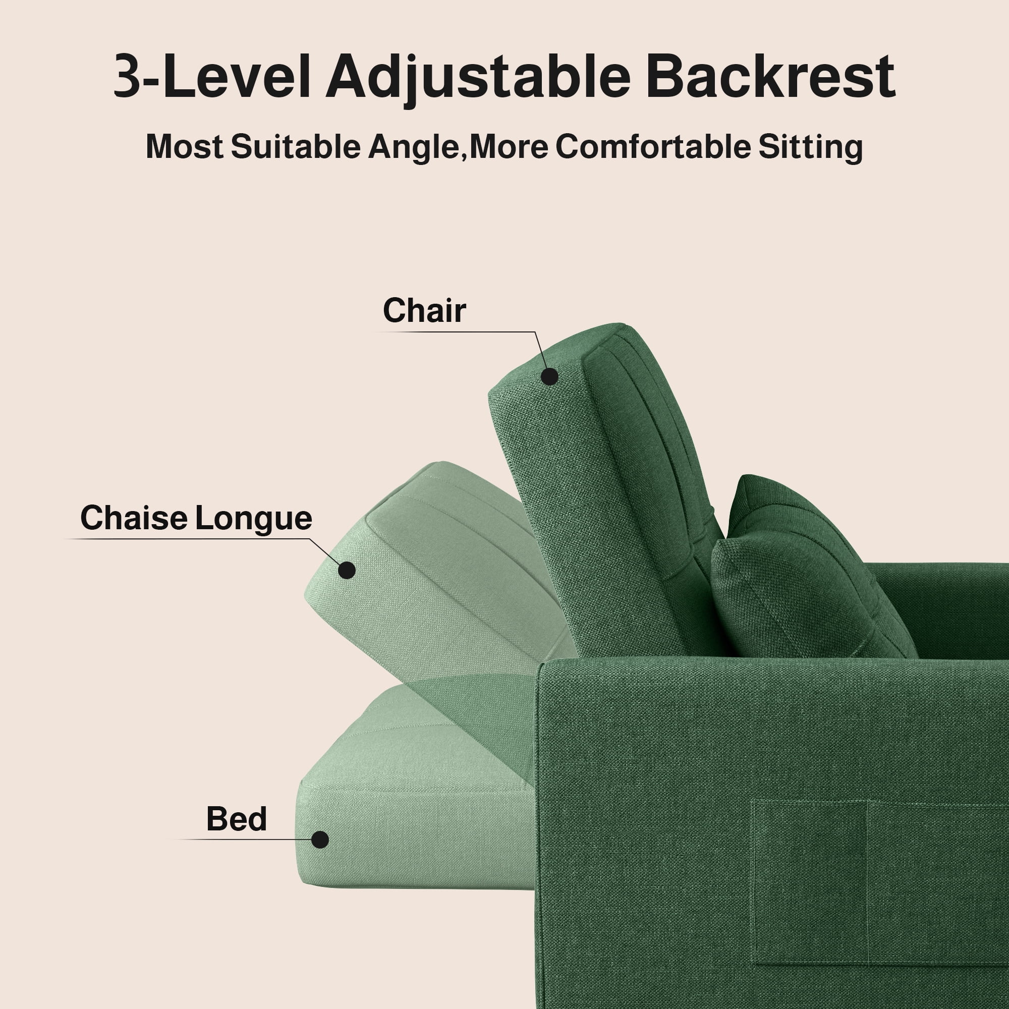 3-in-1 Convertible Sleeper Chair, Lightweight Foldable Sofa Bed for Small Spaces, Linen Upholstery, Green