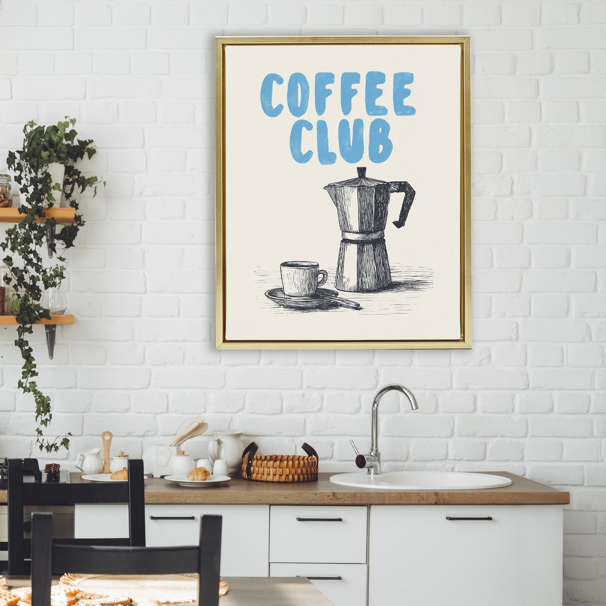 Stupell Industries Coffee Club Retro Drawing Gold Framed Floater Canvas Wall Art, design by Andreas Magnusson