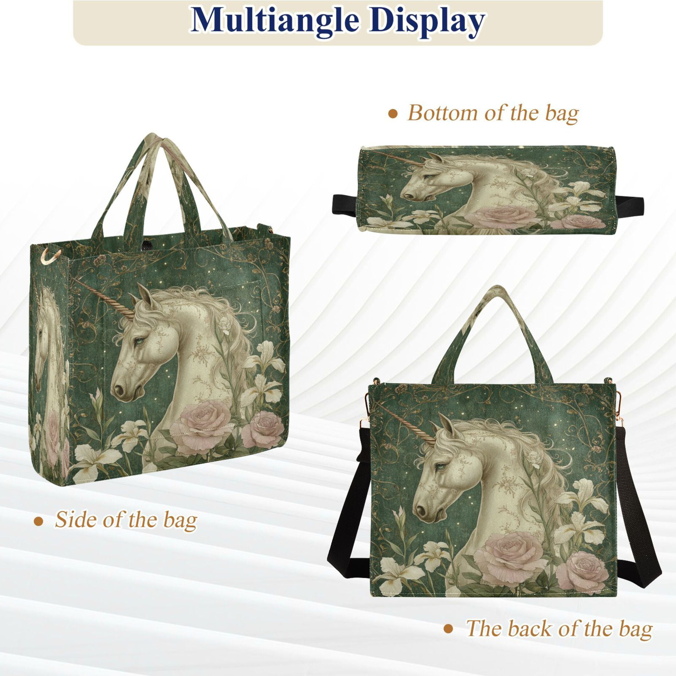 Wobogo Retro Unicorn Corduroy Tote Bag for Women Travel Crossbody Bag Purse Women Shoulder Bags Work Handbags Daily Commuter Bag 10.2×9inch
