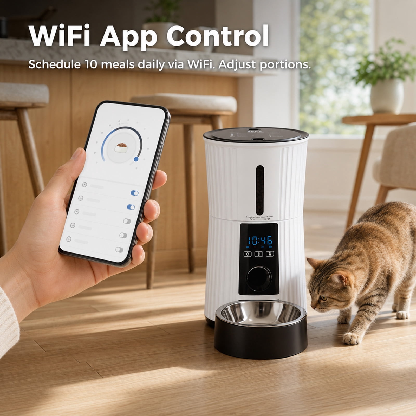 Alvantor Timed Automatic Cat Feeder, 4L Programable Dry Food Dispenser with Desiccant Bag Dual Power Supply 10S Voice Recorder, Smart Pet Feeder for Cats and Small Medium Dogs