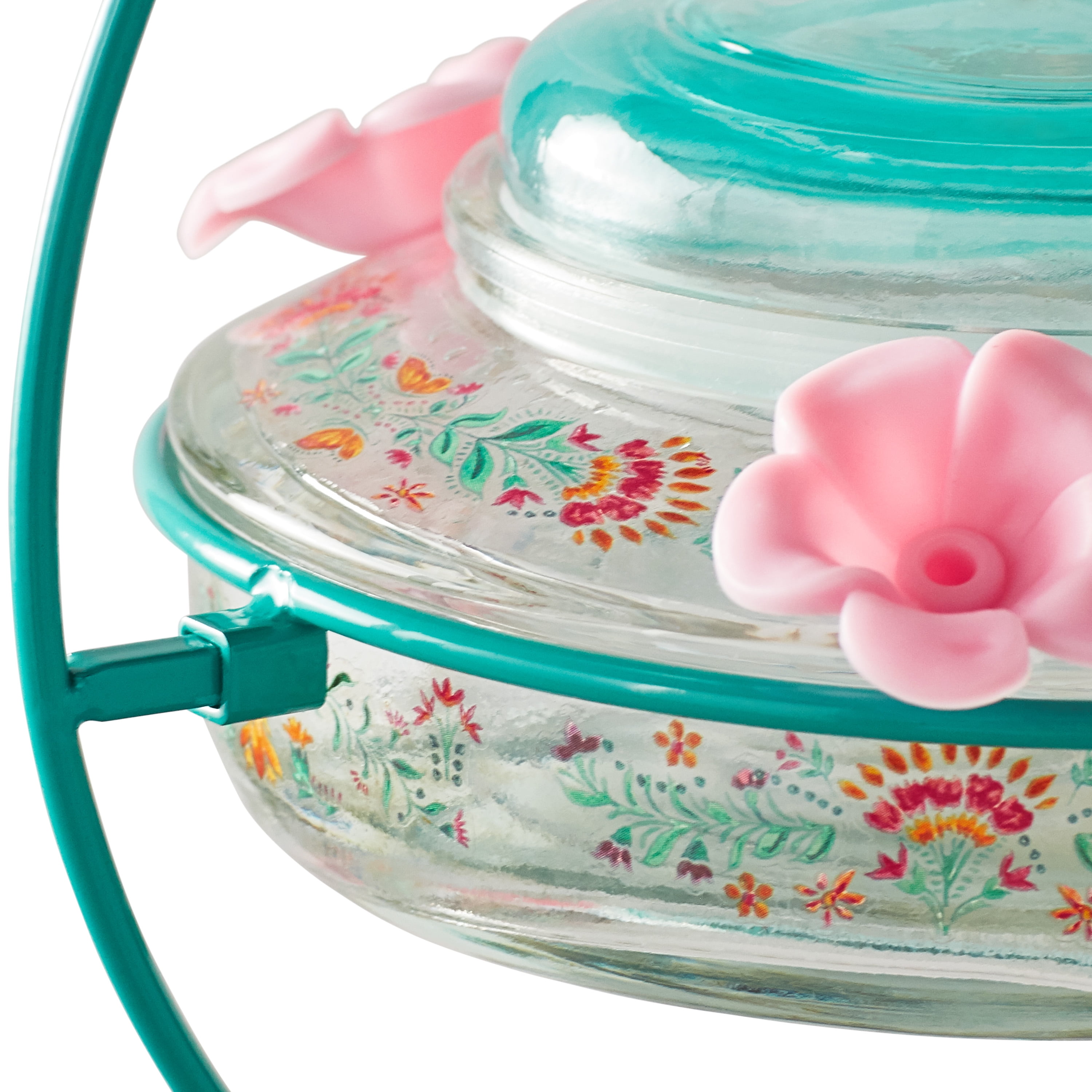 The Pioneer Woman Folk Geo Glass Decorative Top-Fill Hummingbird Feeder 13 oz, Blue Pink