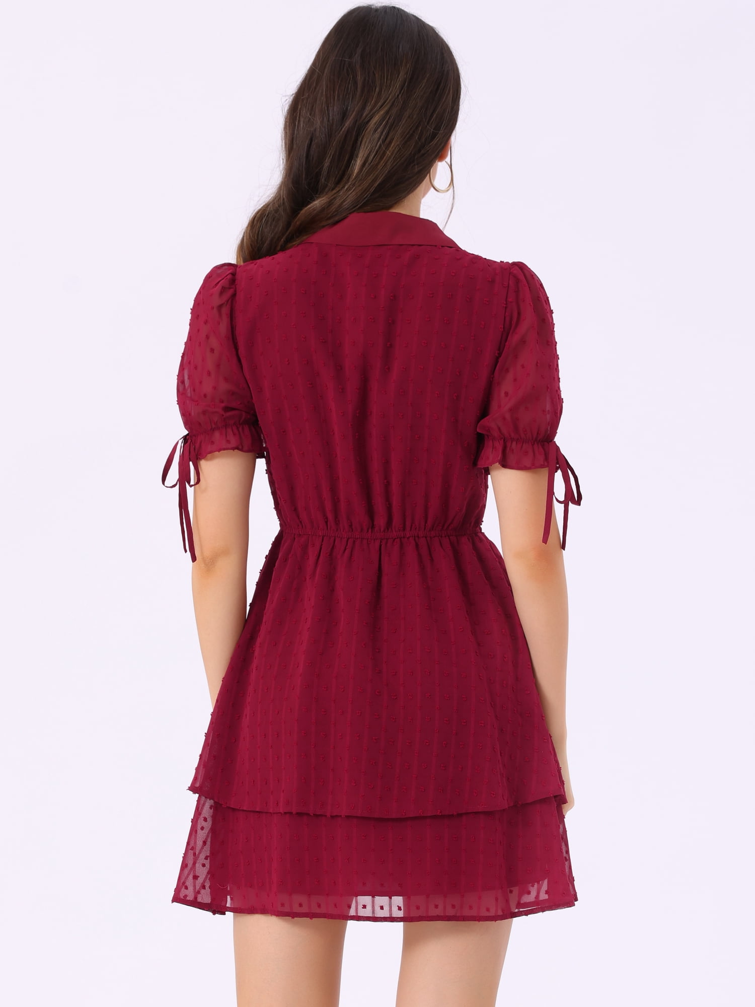 DARING DIVA Women's Gothic Collar Floral Drawstring Layered Chiffon Dress M Dark Red