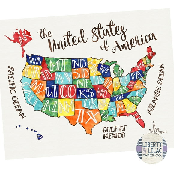 16x20" US Map United States Map in Primary Colors Fun US Map for Playroom or Classroom Unframed Poster by Liberty and Lilac Paper Co.