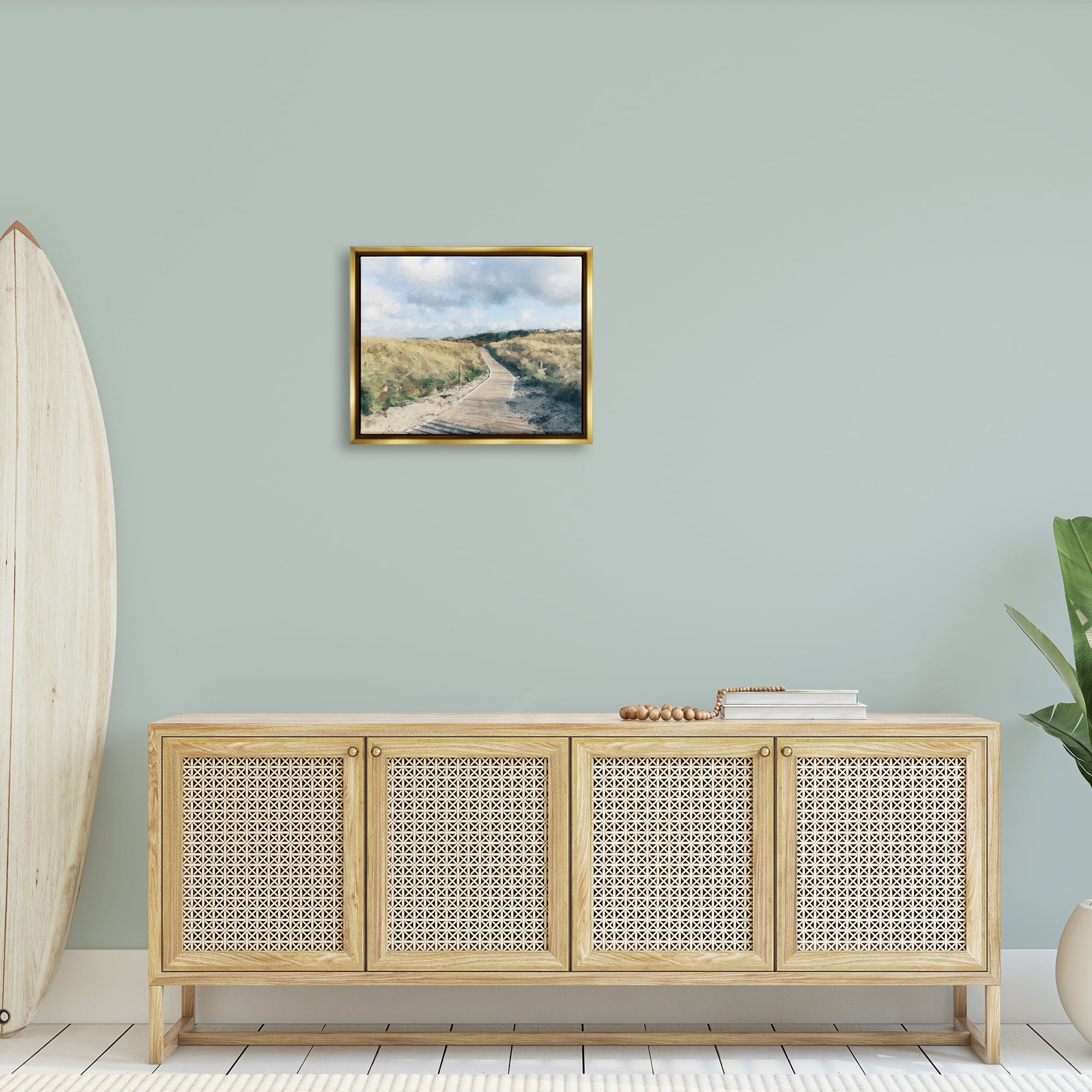 Stupell Coastal Boardwalk Path Landscape Landscape Painting Gold Floater Framed Art Print Wall Art