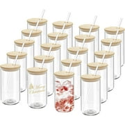 20 Pack Drinking Glass Cups with Bamboo Lids and Glass Straws 16oz Iced Coffee Cups Clear Glass Tumblers Can Shaped Drinking Beer Glasses Cute Cups for Tea, Smoothie, Whiskey, Soda, Gift