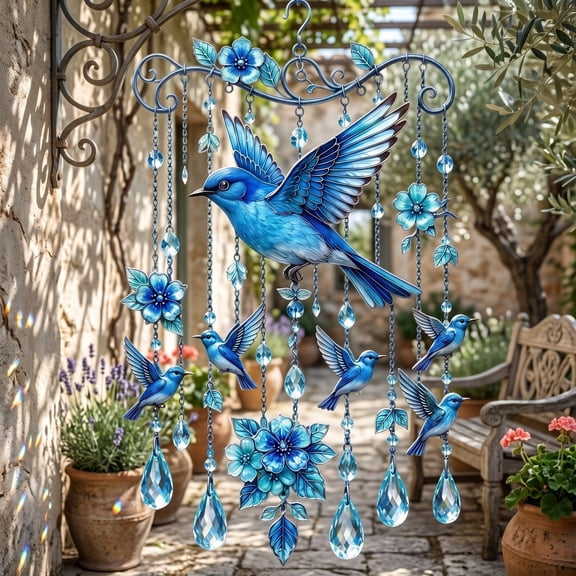 Blue Hummingbird Wind Chime, 2D Acrylic Sun Catcher Memorial Gift for Women Grandma, Hanging Yard Art for Outdoor Garden Patio Home Decor