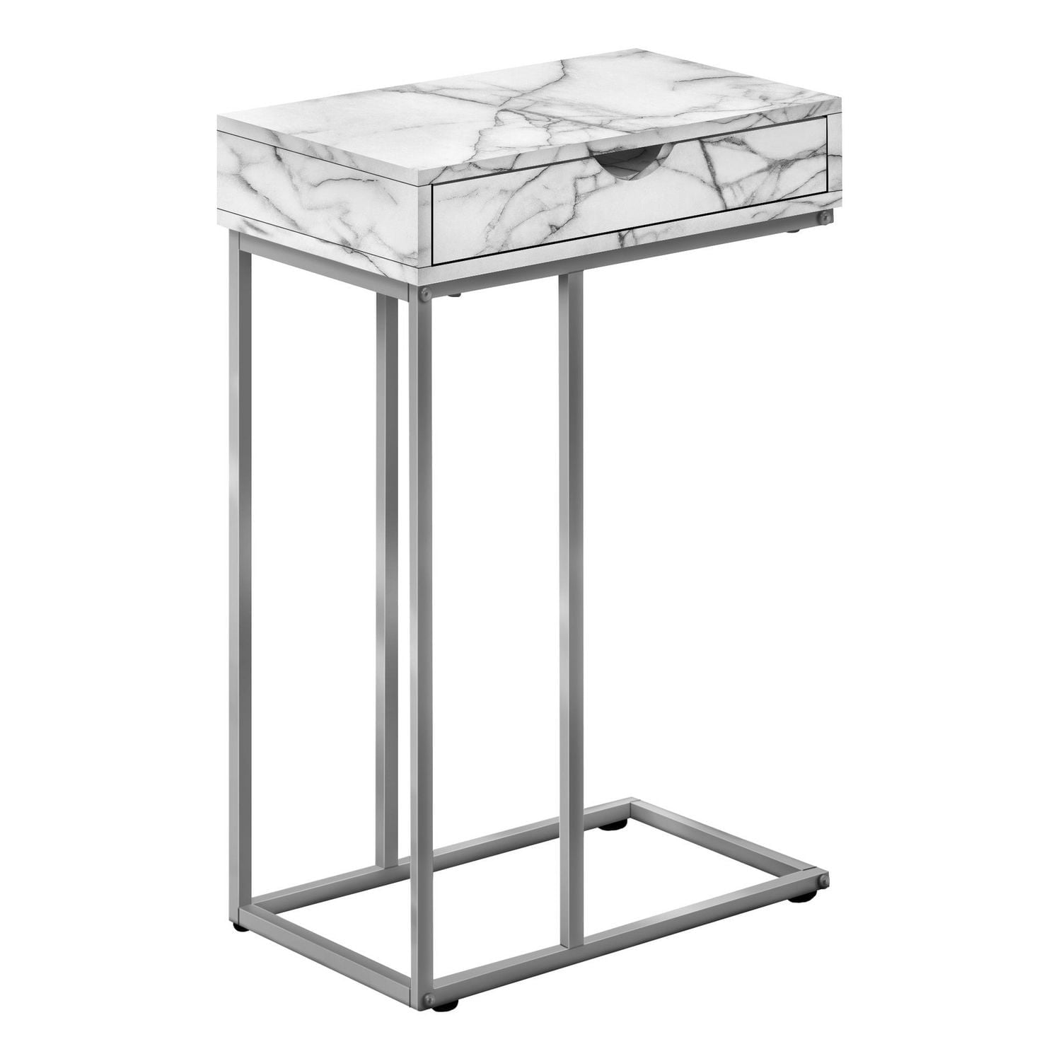 Monarch Specialties Table D'appoint, En Forme De C, Bout, Côté, Collation, Tiroir De Rangement, Salon, Chambre À Coucher, Métal, Stratifié, Aspect Marbre Blanc, Gris, Contemporain, Moderne