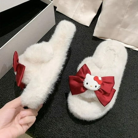 

Kawaii Sanrio Hello Kitty Anime Bowtie Slippers girl Cartoon Cute Cotton Slippers Home Winter Thick Fleece Round head Slippers