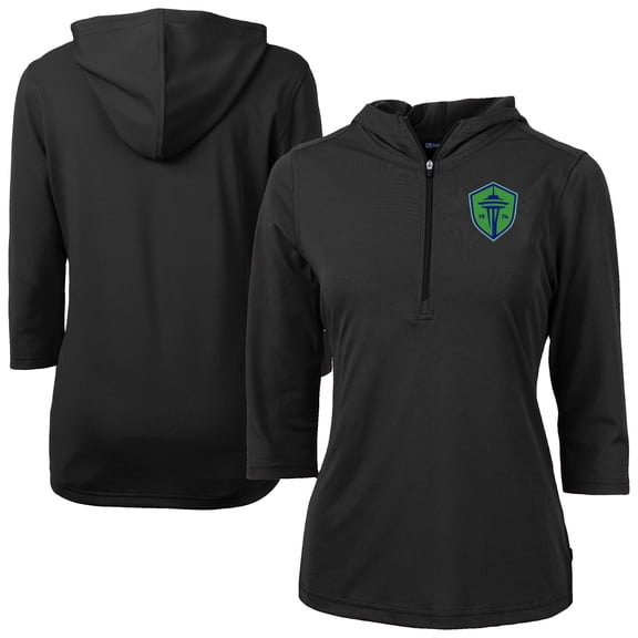 Women's-Cutter & Buck  Black Seattle Sounders FC Virtue Eco Pique Recycled Half-Zip Pullover Hoodie