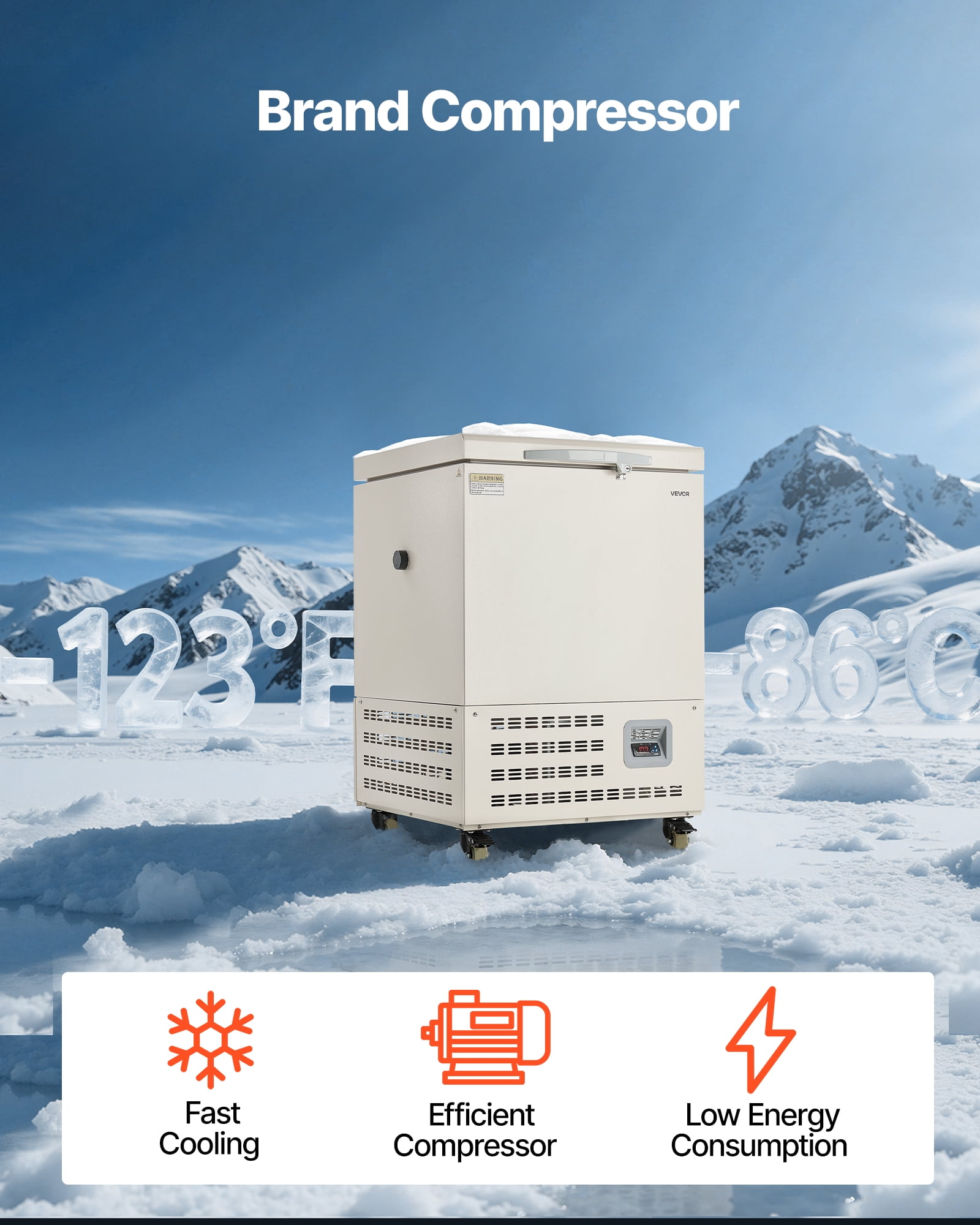 VEVOR Ultra Low Temperature Freezer,58 L, −40℉ to −123℉ Adjustable Temp Range, with Rollers and Digital Display,304 Stainless Steel Liner,Low Temperature Lab Freezer for Laboratory Samples Storage