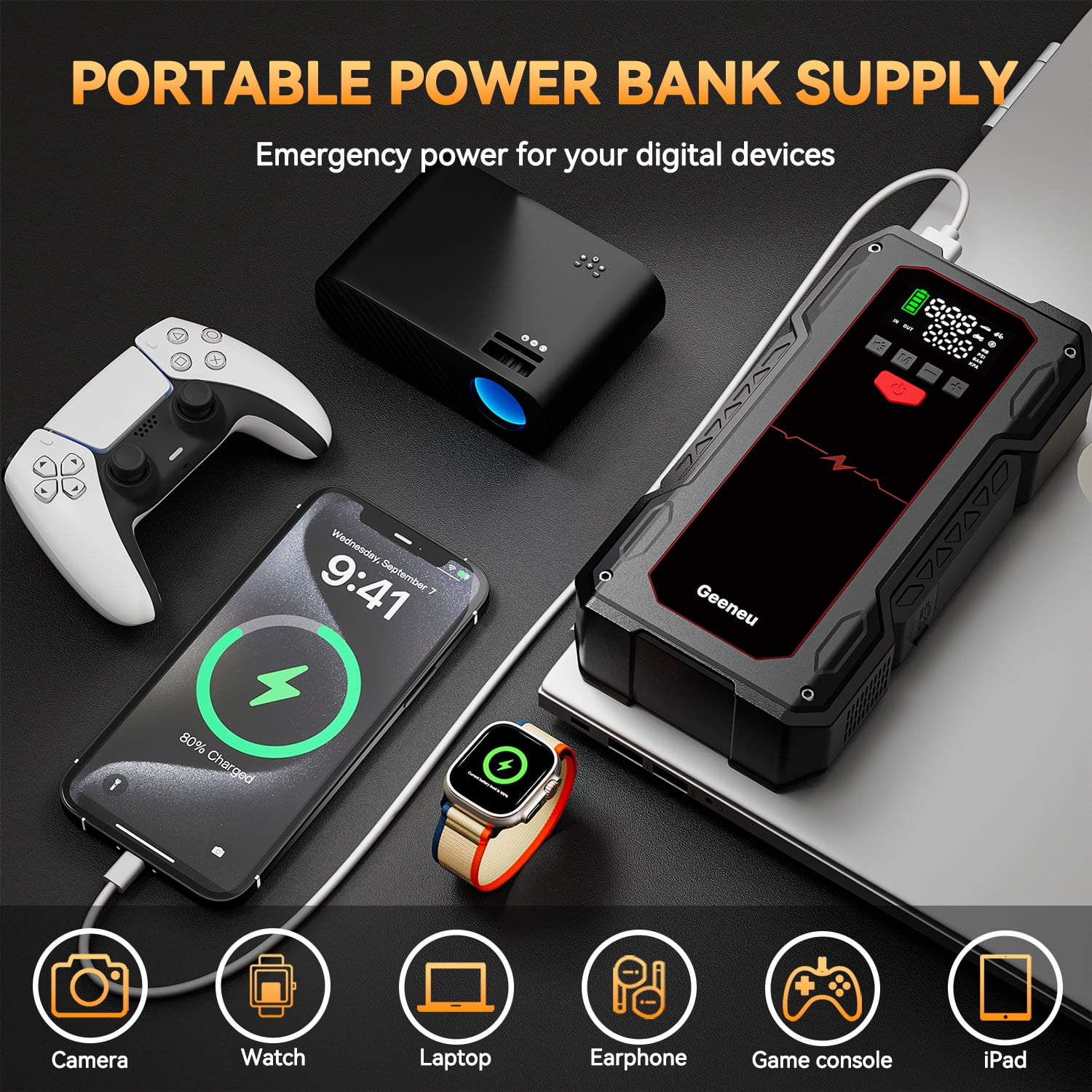 Geeneu Car Jump Starter,6000A Peak 12V Battery Jumper Pack for 7.5L Gas and Up to 6.0L Diesel Engine,Portable Battery Booster Box with USB Quick Charge and Type C Supersafe