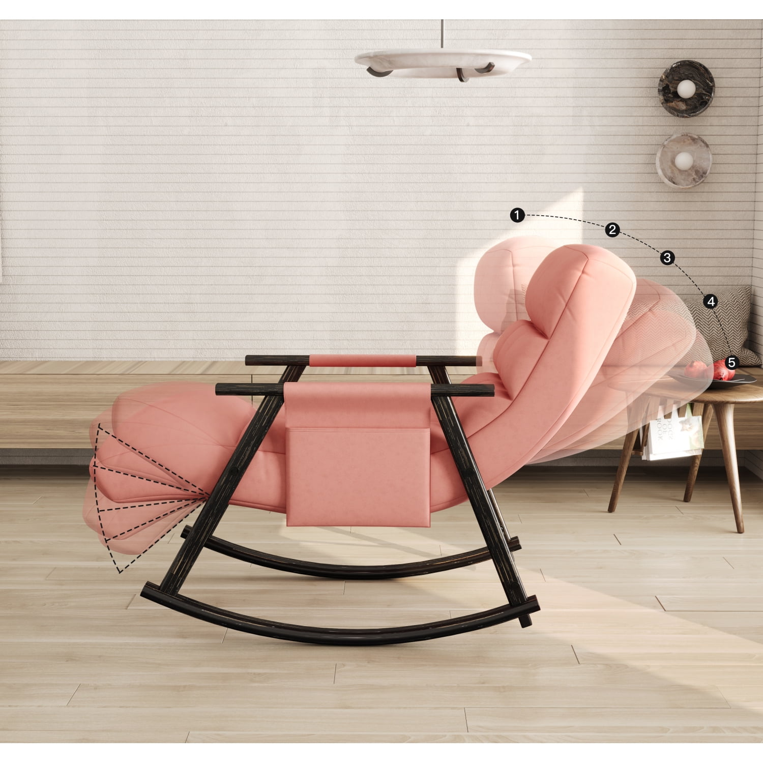 Casual Folding Rocking Chair Lounge Chair with Adjustable Back and Footrest, Pink Plush Velvet