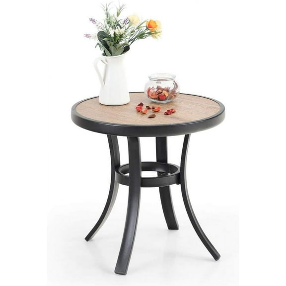 SONGMY Patio Round Side Table with Metal Frame and Wooden Like Surface, 19" Small Heavy Duty Outdoor End Table for Garden Yard Lawn