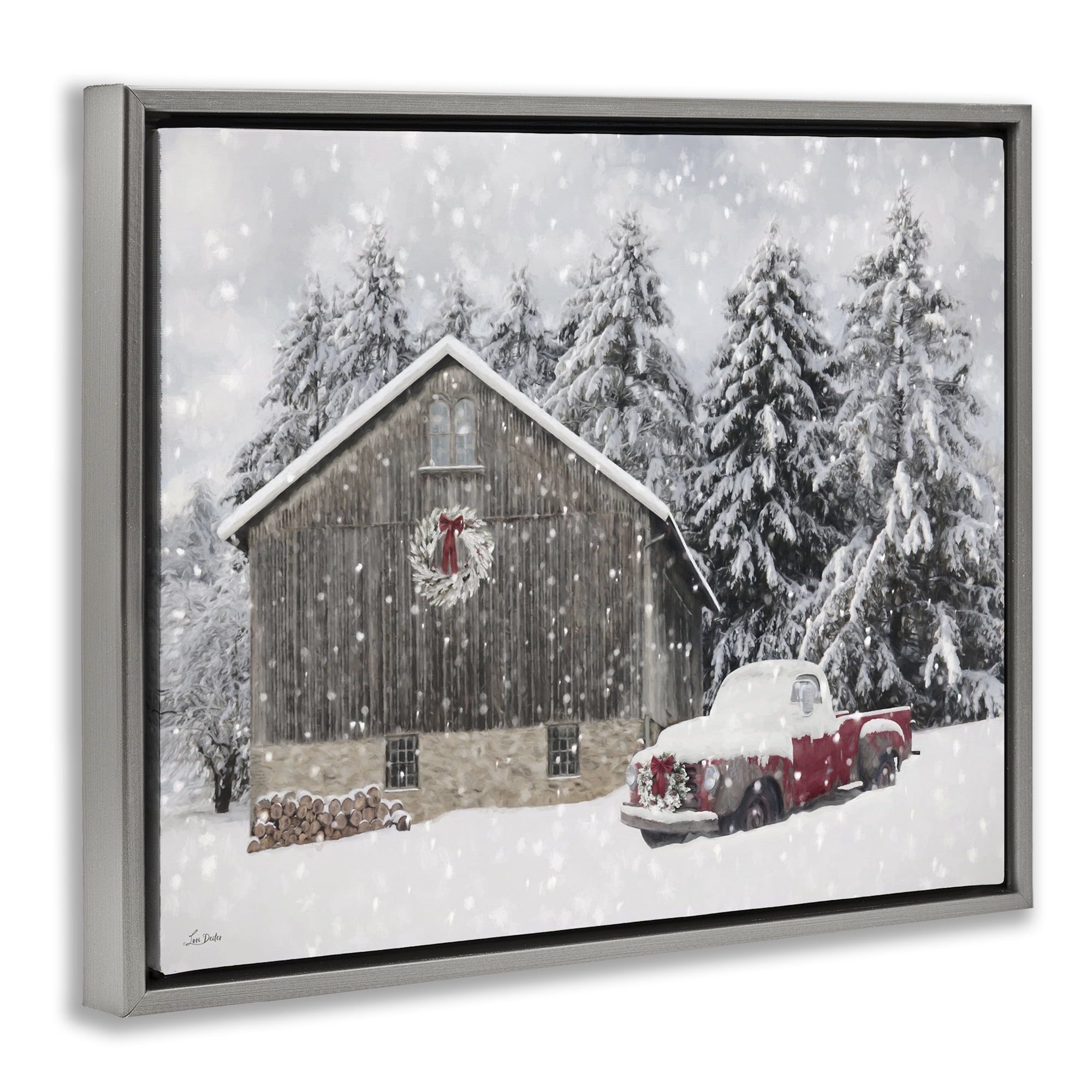 Stupell Industries Snow Covered Farm Scene Holiday Painting Gray Floater Framed Canvas Art Prints Wall Art, 31 x 25