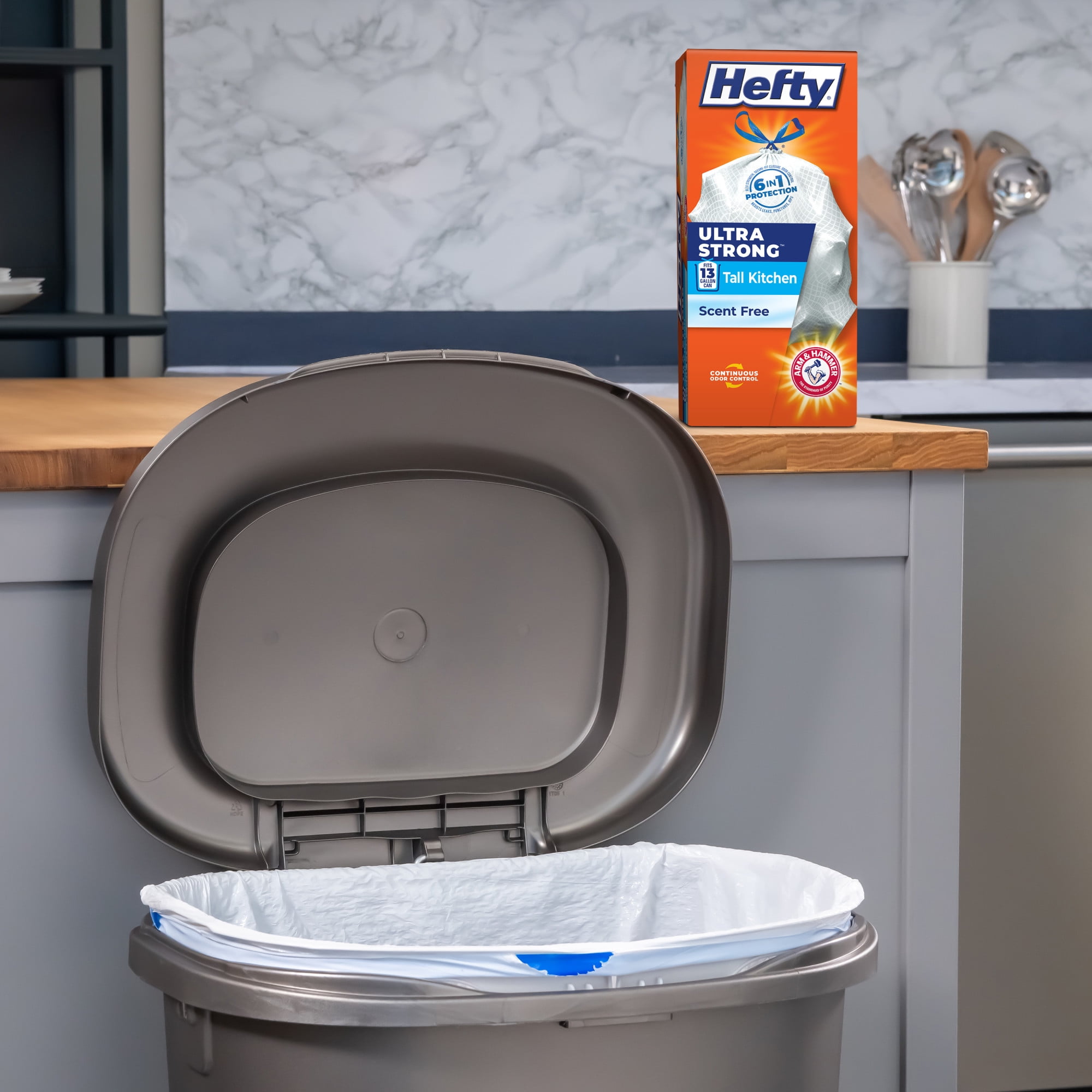 (6 pack) Hefty Ultra Strong 13 Gallon Trash Bags, Tall Kitchen Trash Bags, White, Unscented, 40 Bags