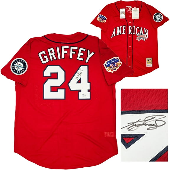 Seattle Mariners Ken Griffey Jr. Autographed Red Authentic Mitchell & Ness 1997 All Star Game Jersey Size XL Jackie Robinson Patch Beckett BAS Witness 212470