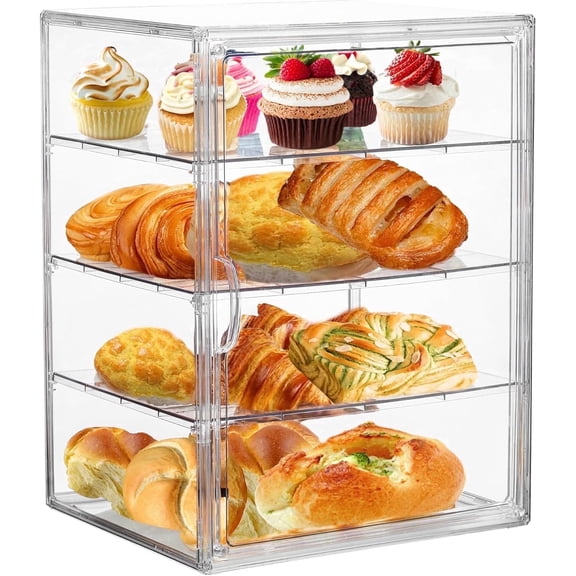 Pastry Display Case, 4-Tier Adjustable Clear Bread Box with Magnetic Door for Kitchen Countertop, 11.8" x 9.8" x 15.7"