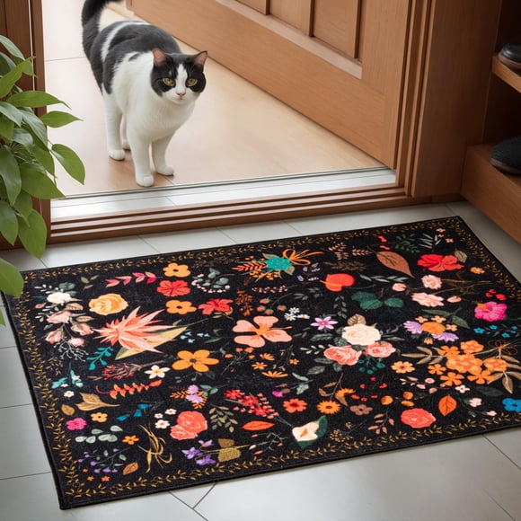 Alfombra CRYPTOLITE Boho Floral de 60 x 90 cm, lavable para baño, color negro