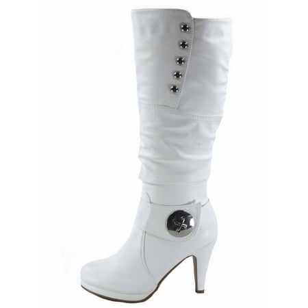 

Win-45 Women s Fashion Knee High Round Toe Slouched High Heel Platform Boots ( White 8.5 )