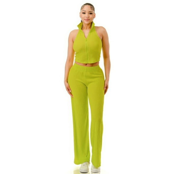 Saronite Solid Crinkle Wide Zip Up Front Sleevless Top Elastic Waistband Pants 2 Piece Set, Lime (Women's)