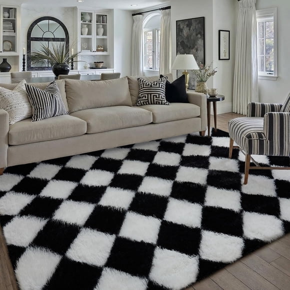 5x8 Black and White Checkered Rugs for Living Room Soft Modern Fluffy Shag Area Rug Washable Fuzzy Carpets Thickened Felt Bedroom Plaid Tapis Salon Plush Rug Nursery Home Dorm Aesthetic Decor