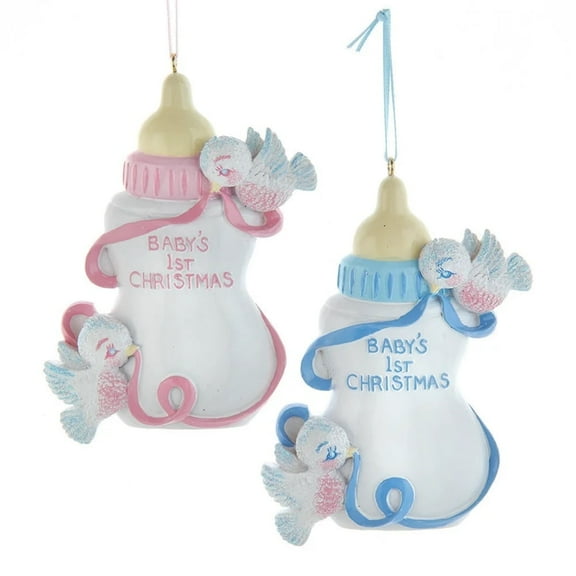 Kurt Adler Pink and Blue Baby Bottles "Baby's 1st Christmas" Ornaments 2-Piece Set