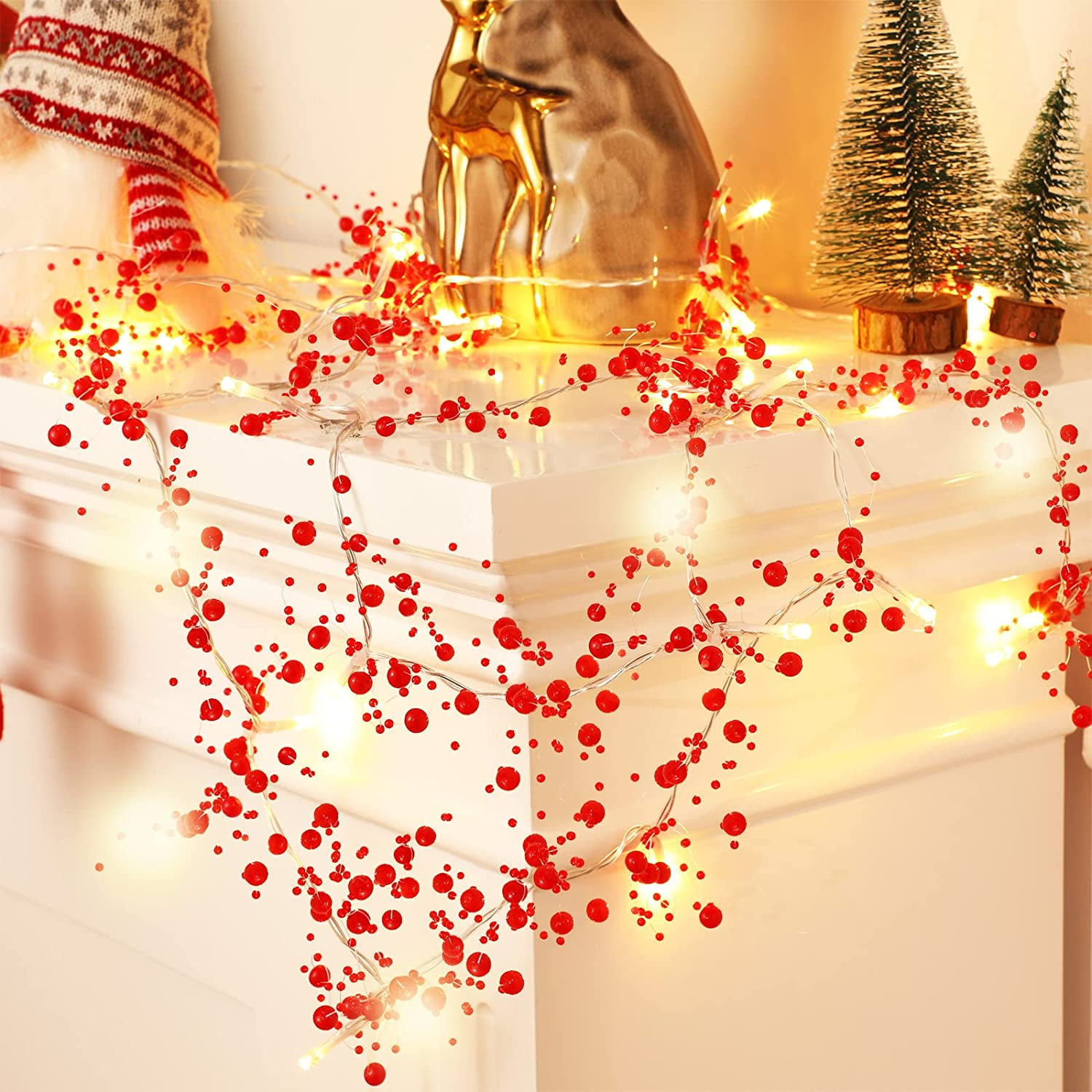 Zukuco Indoor Christmas Garland Decorations, 10FT 30LED Festive Lighted Berry Beaded Garland for Xmas Tree, Home, Mantel, Fireplace Holiday Decor(Red)