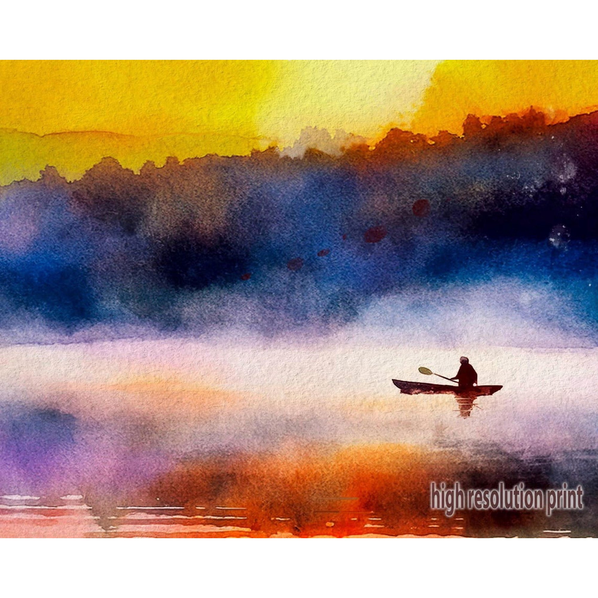 Sunset Kayaker Wall Art Print Misty Lake Decor Unframed Paper Print
