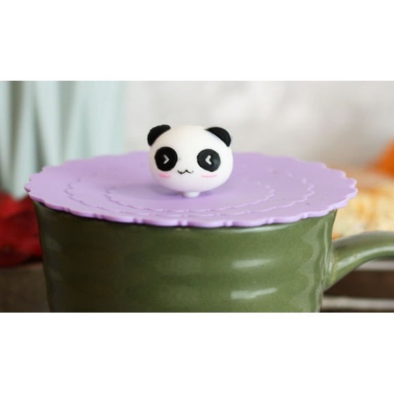 Set Of 4 Purple Panda Reusable Silicone Coffee Tea Cup Cover Lids Air Tight