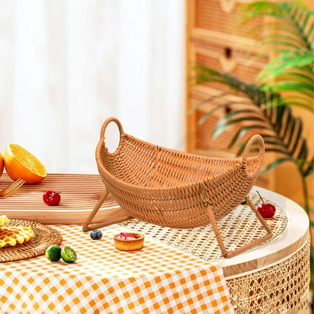 Cesta de frutas tejida a mano de imitación de ratán, bandeja para servir, centro de mesa, plato de fruta rústico versátil, cuenco para comida y