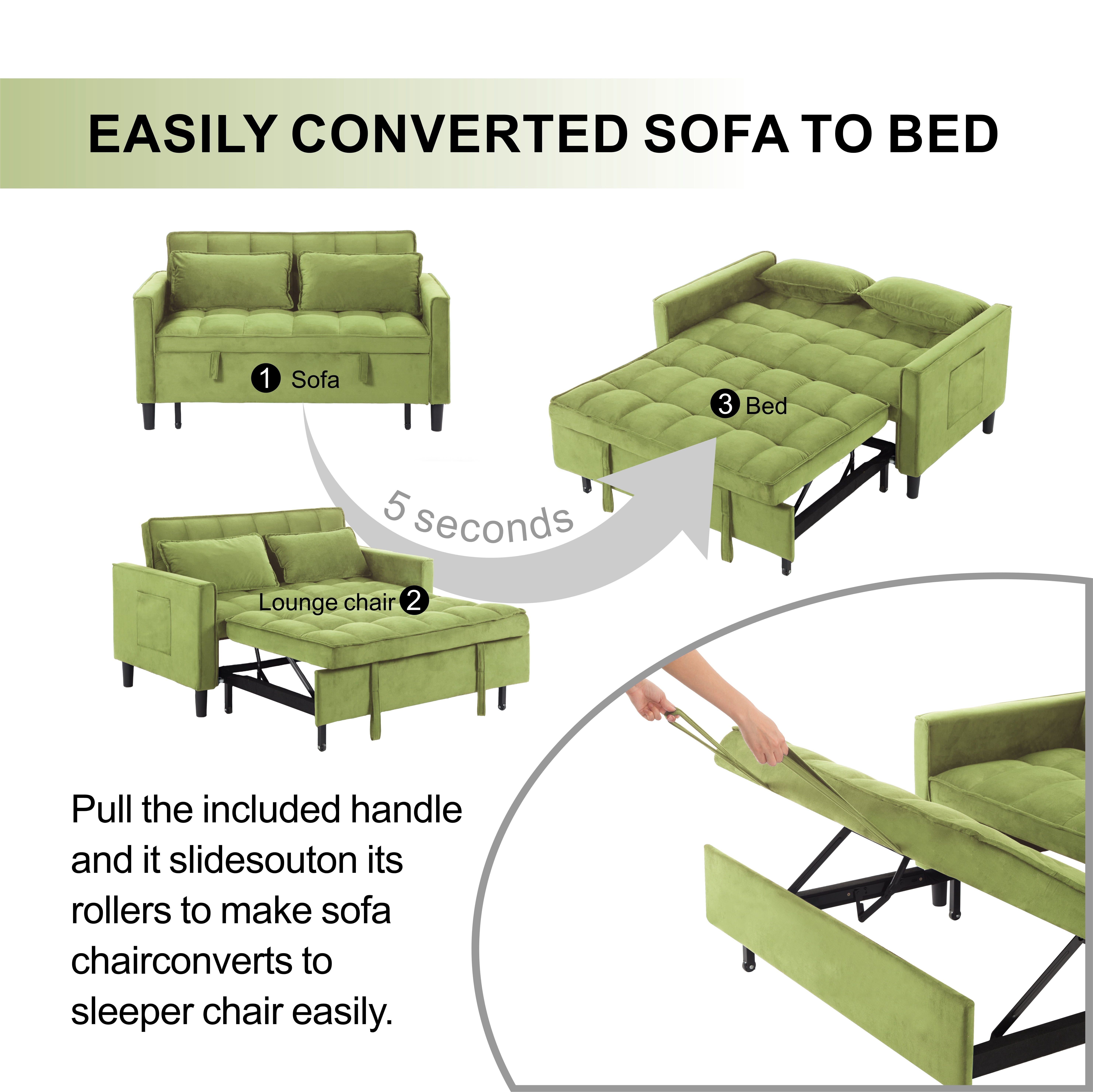 Gewnee 53.94" Pull-Out Sofa Bed – Convertible Twin Size Sleeper Bed,3 Adjustable Backrest Angles & Storage Side Pocket for Living Room,Office,Guest Room.Olive Green