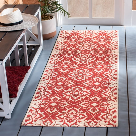 SAFAVIEH Courtyard Austin Geometric Indoor/Outdoor Runner Rug, 2'3" x 10', Red/Cream