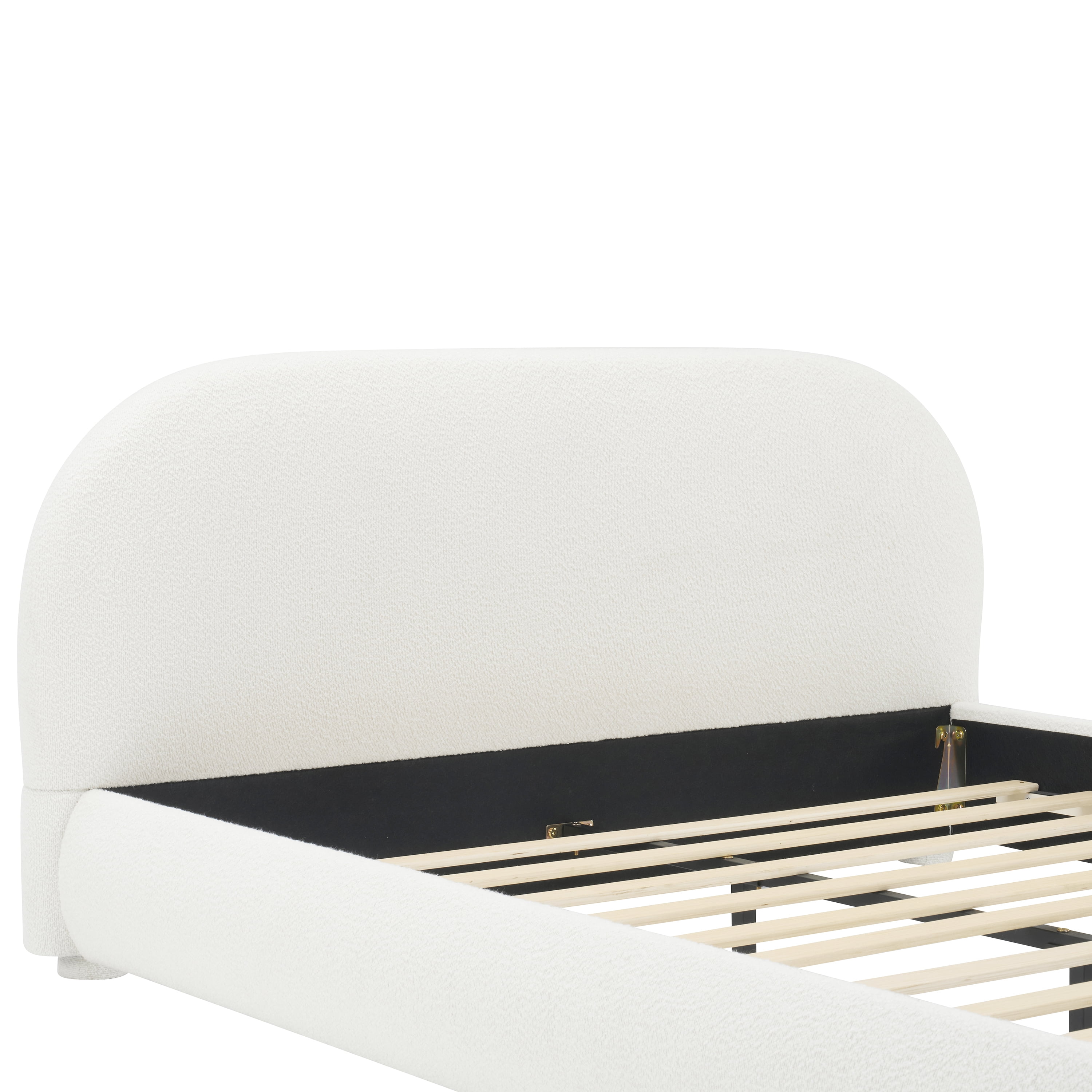 Noble House Queen Cream Style Upholstered Bed,Curved Textured Fabric Headboard with Solid Frame,Creamy White