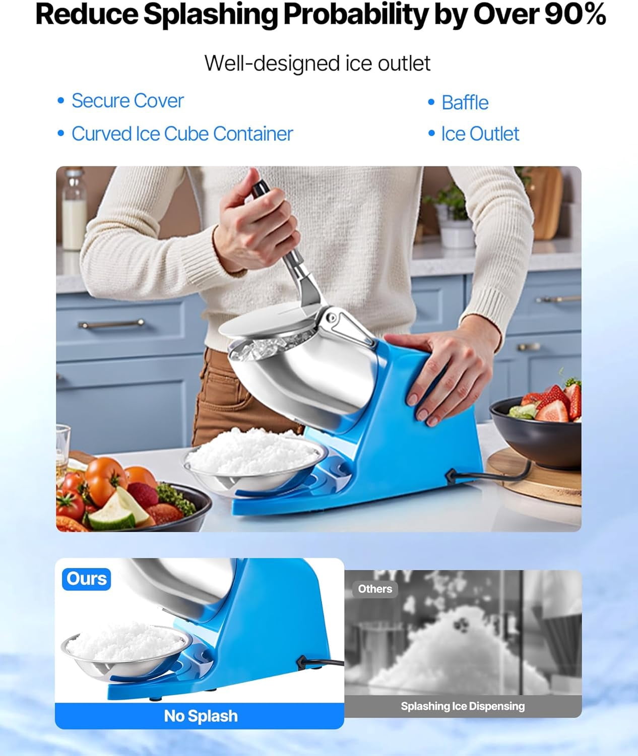 Ice Crusher , 286lbs Per Hour Electric 4 Blades Snow Cone Maker, Stainless Steel Shaved Ice  with Bowl and Cover, 300W 2000RPM Ice-Shaver for Home and Commercial Use, Blue