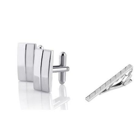 Rectangular Cufflinks - Men's Silver Rectangular Stripe Cufflinks + Silver Angled Stripes Faceted Tie Clip