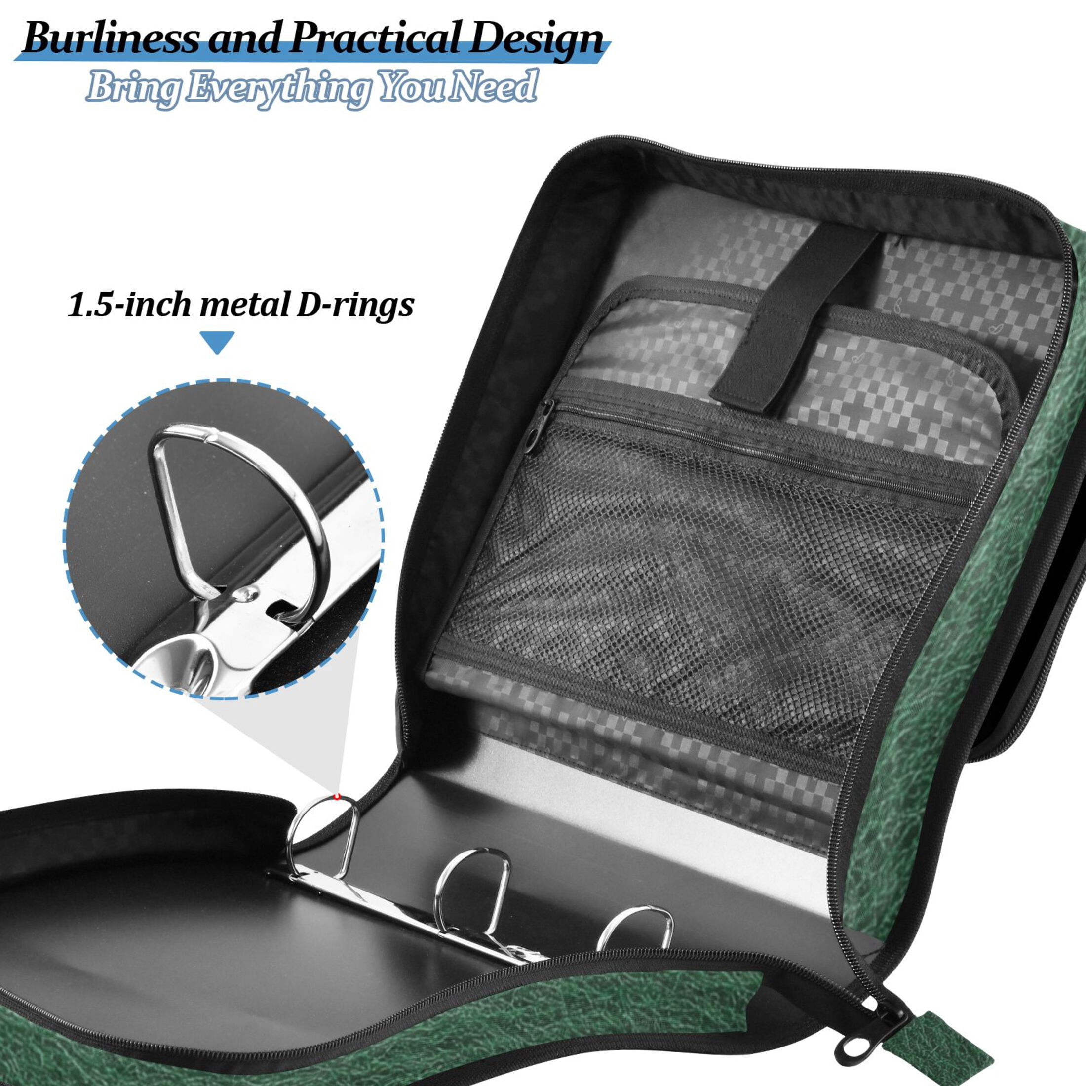 3 Ring Zipper Binder with Shoulder Strap Waterproof Trapper Keeper 2 Inch D-Ring 500 Sheets Capacity Dark Green Felt