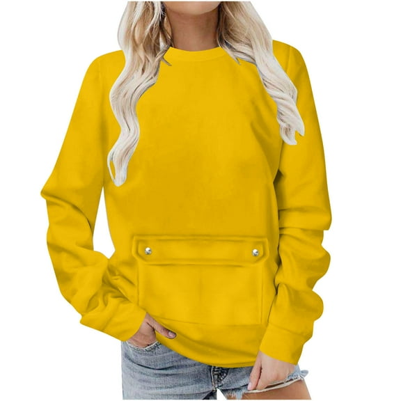 HAiming Pullover Sweatshirt for Women Casual Long Sleeve Crewneck Solid Color Fall Trendy Tops with Big Pocket