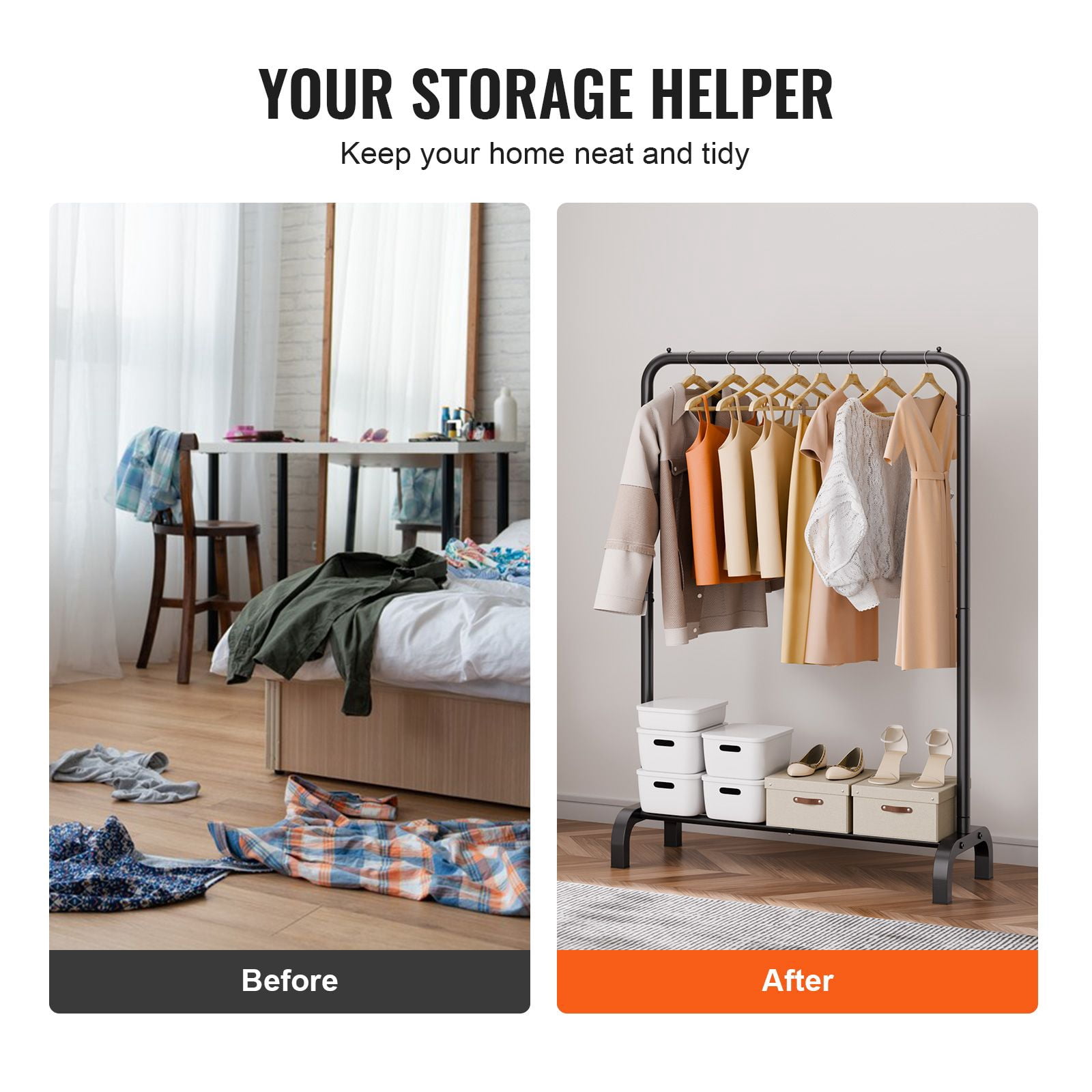 Garment Rack with Bottom Storage Shelf, Heavy-Duty Carbon Steel, 1" Thickened Pipe, 4 Anti-Slip Pads, for Bedroom Laundry Room Display