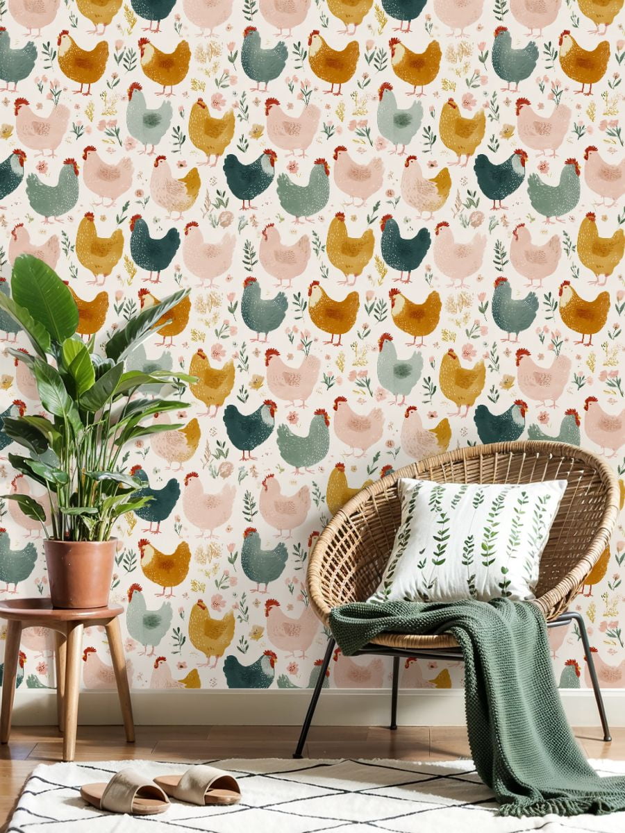 Chicken Peel and Stick Wallpaper Whimsical Hand Drawn Chicken Floral Accents Wall Mural 17.7in x 9.8ft Self Adhesive Removable Wall Paper Renter Friendly Wallpaper for Nursery Bedroom Cabinets