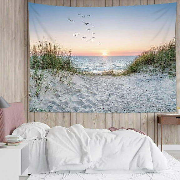 Ocean Beach Tapestry Wall Hanging, Sunset Seabird and Beach with Grass Wall Tapestry Natural Landscape Tapestries for Bedroom Living Room Dorm Decoration, 60x40 Inches