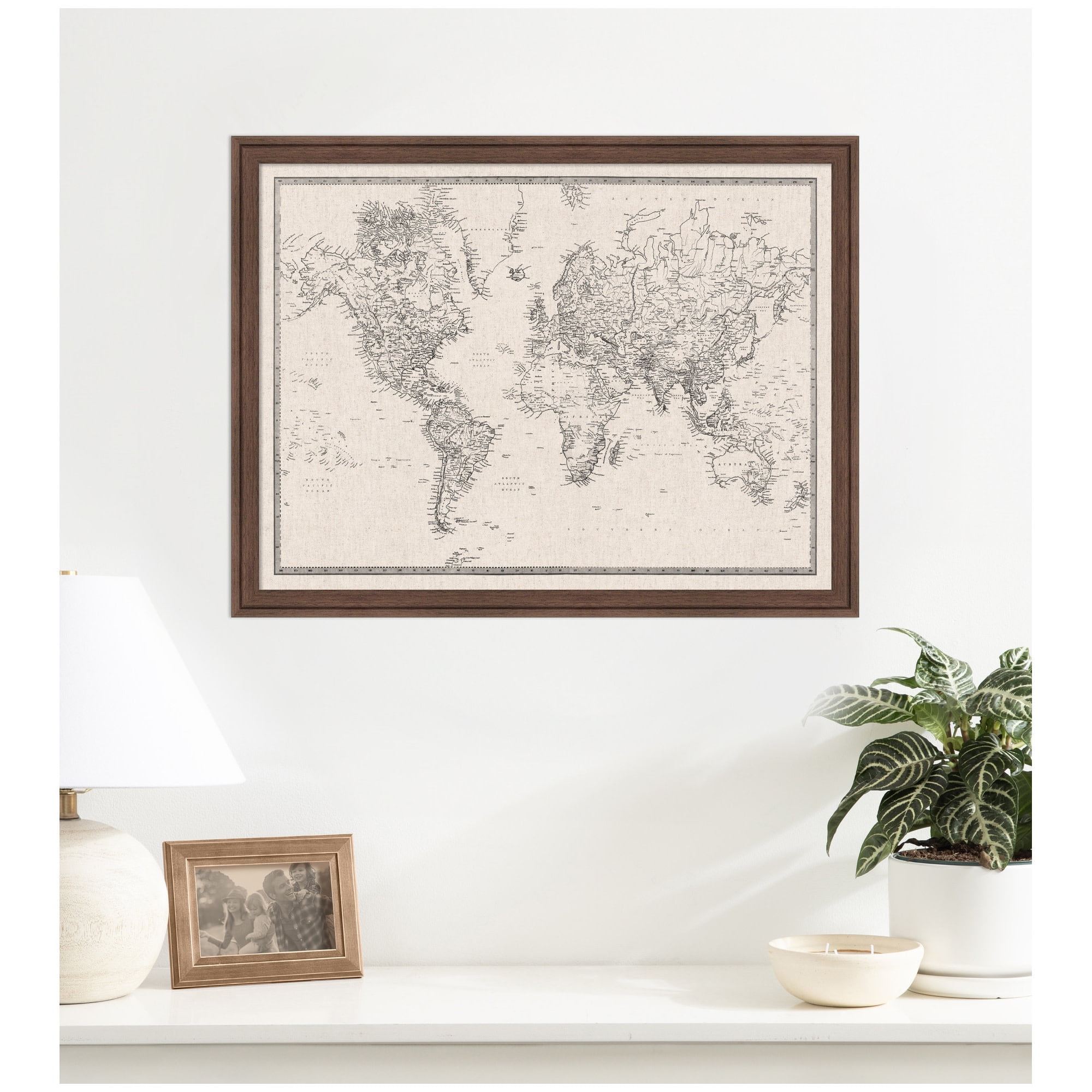 Kate and Laurel Framed Fabric Pinboard 26 x 20, Vintage Black and White Linen World Map Printed Linen Classic Bulletin Board for Use as Wall Organization, Florence Medium Brown Frame