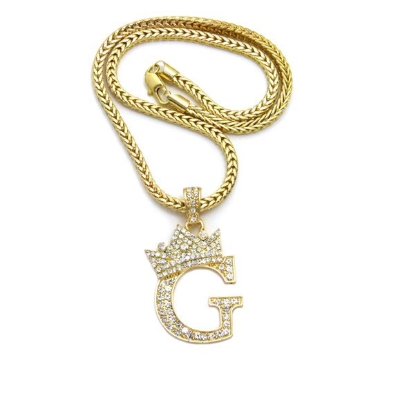 Stone Stud Tilted Crown Initial G Pendant w/ 4mm 18" Franco Chain Necklace, Gold-Tone