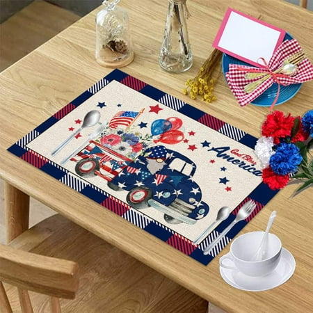 

Independence Day Placemats Set of 4 July 4th Party Red White and Blue Star Check Heat-Resistant Placemats for Dining Table Cotton Linen Non-Slip Place Mats for Holiday Banquet Kitchen Table Decor