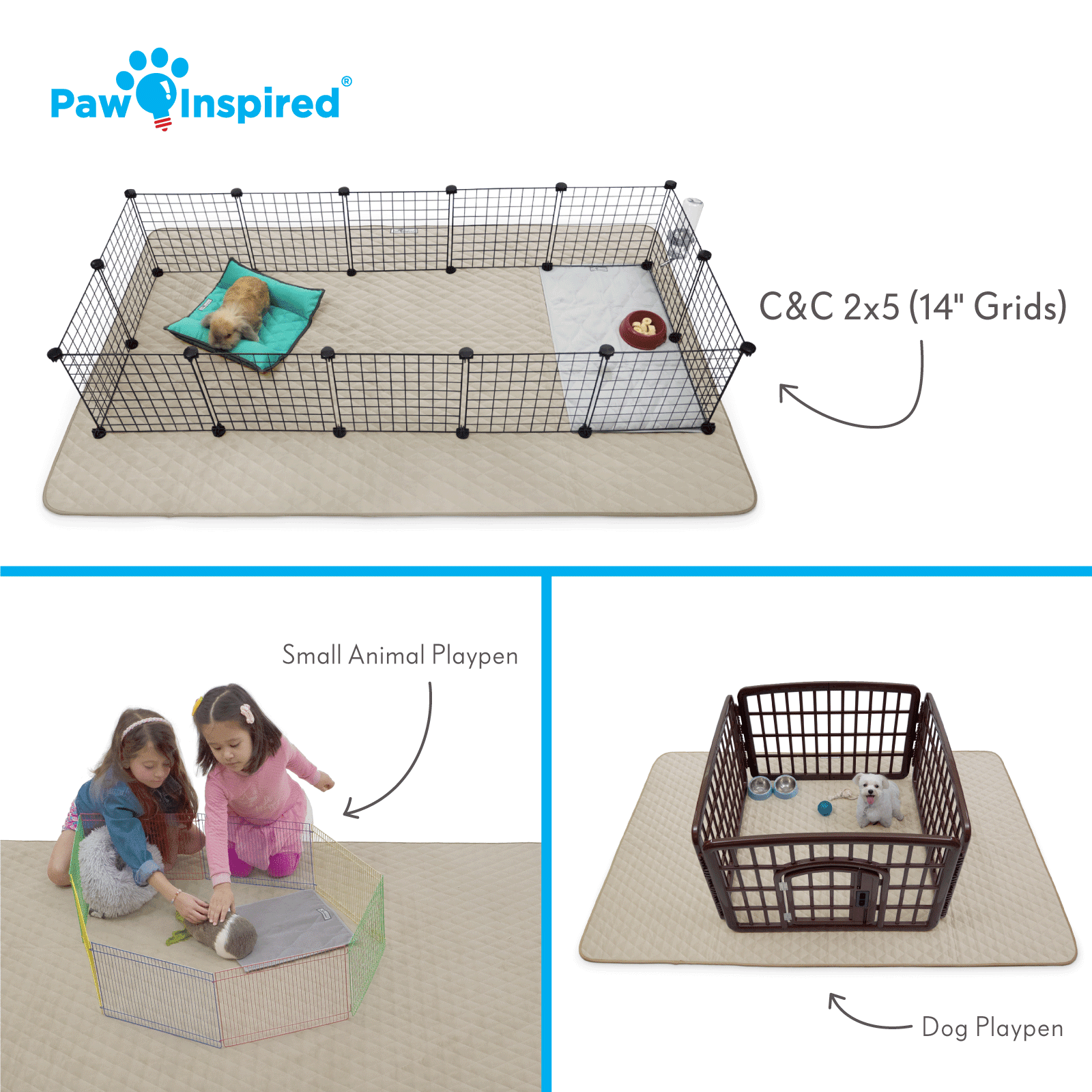 Paw Inspired 80x50” Waterproof Dog Playpen Mat, Pet Kennel Play Pen Pad for Puppy, Rabbit, Guinea Pig, Small Animals | Super Absorbent Fleece Cage Liner with Non-Slip Bottom (Tan)