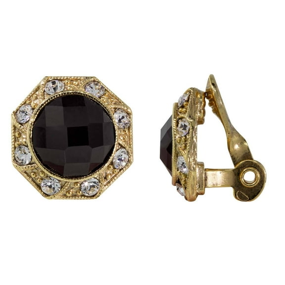 1928 Jewelry Women's Black Faceted Stone Crystal Round Button Clip On Earrings