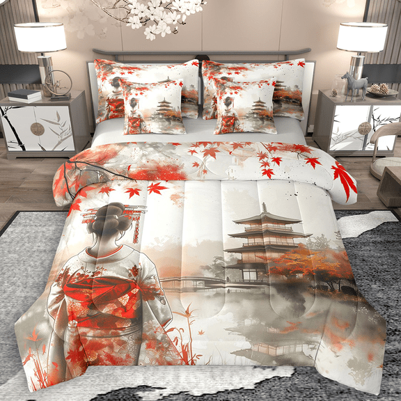 Manfei Traditional Geisha Twin Bedding Sets 7pcs, Japanese Girl Bedding Comforter Set, Ink Painting Temple Sheet Sets, Super Cozy Room Decor