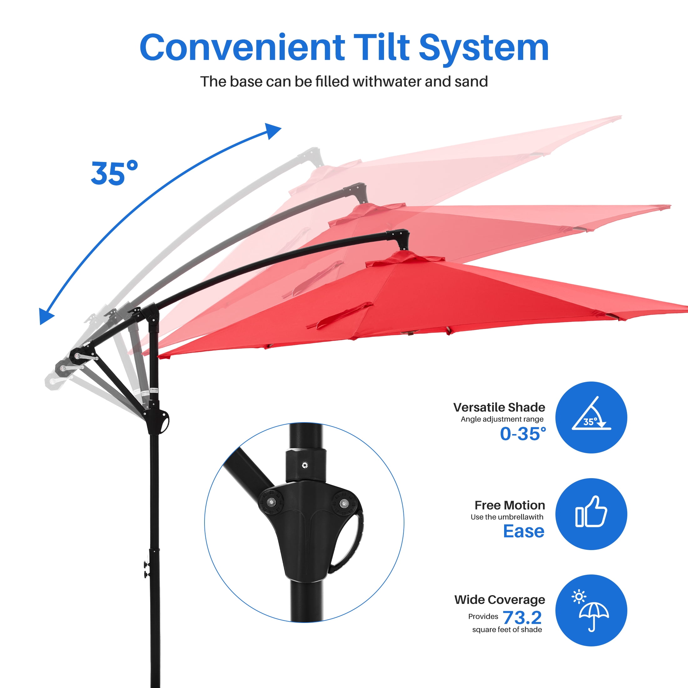 SHOUFTW 10 ft Offset Outdoor Patio Umbrella with Base, Easy Tilt & Crank, Adjustable Polyester Shade for Garden, Backyard, Poolside, Red