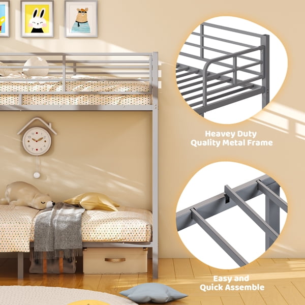 Alvantor Twin over Twin Metal Bunk Bed with 400 lb Capacity, High Guardrails and Side Ladder, Gray