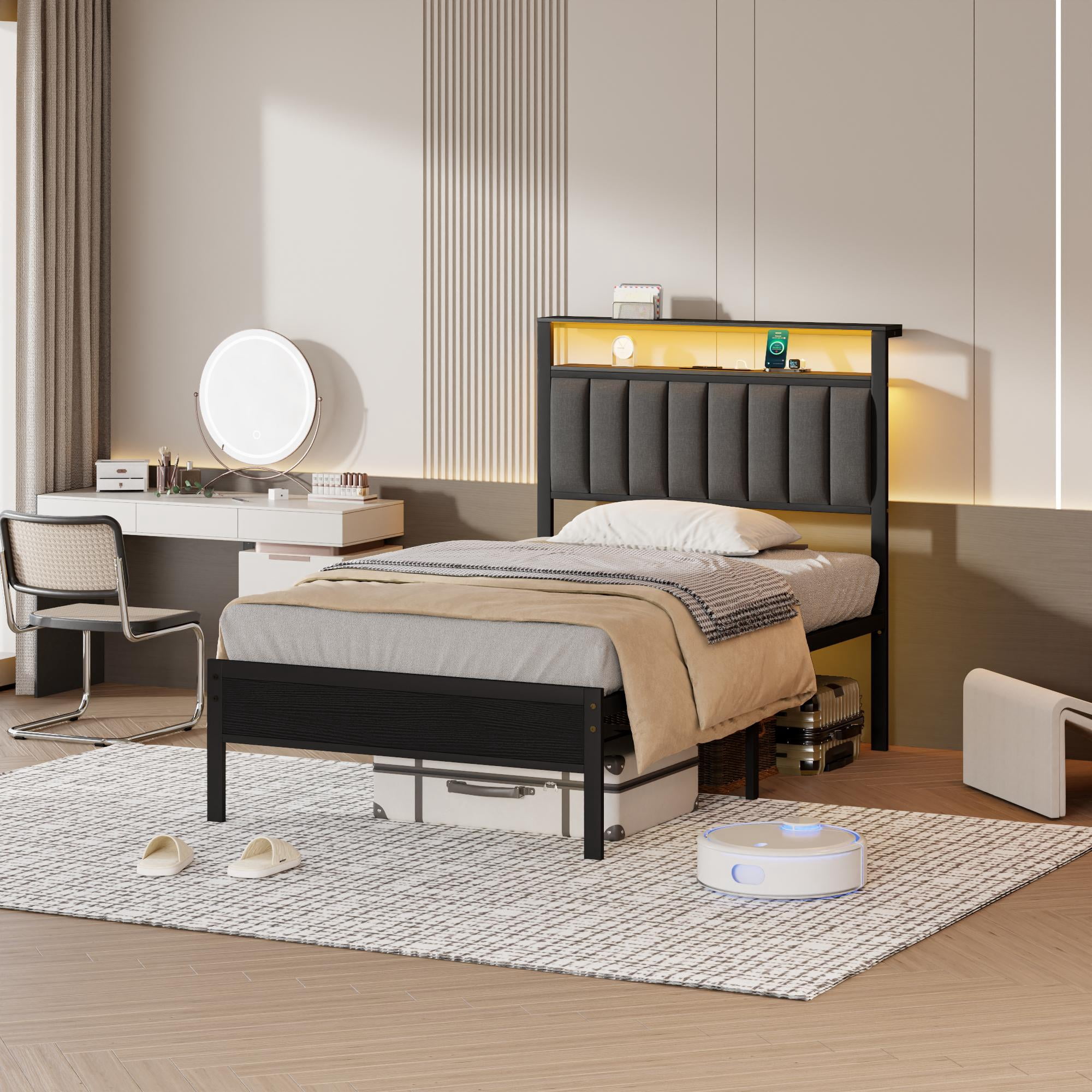 Tydimor Twin Bed Frames with USB Ports and Outlets, LED Gaming Bed Metal Frame Underbed with Headboard, Niose Free