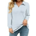 thumbnail image 2 of Womens Shirts Blouse Women's Loose Casual Solid Color V-Neck Long Sleeve Neckline With Pocket Waist Shirt Tops, 2 of 6